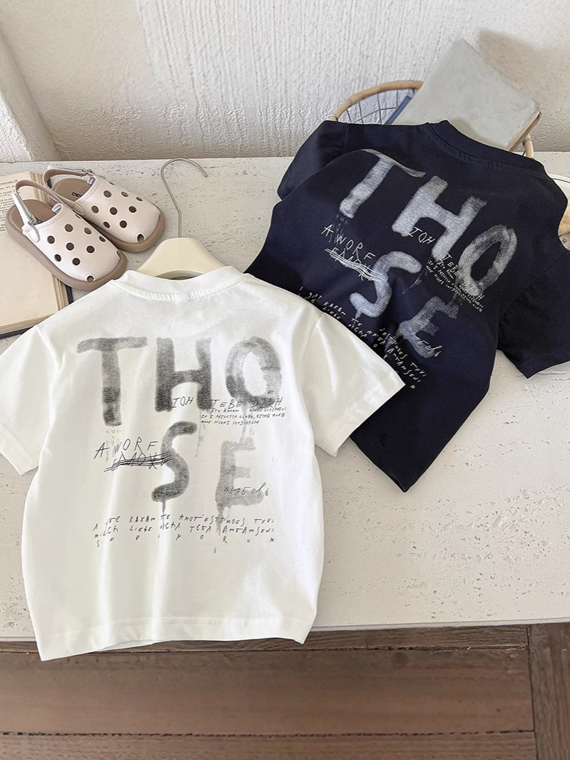 Boys Loose Graphic T-Shirt White Navy Summer Trendy
