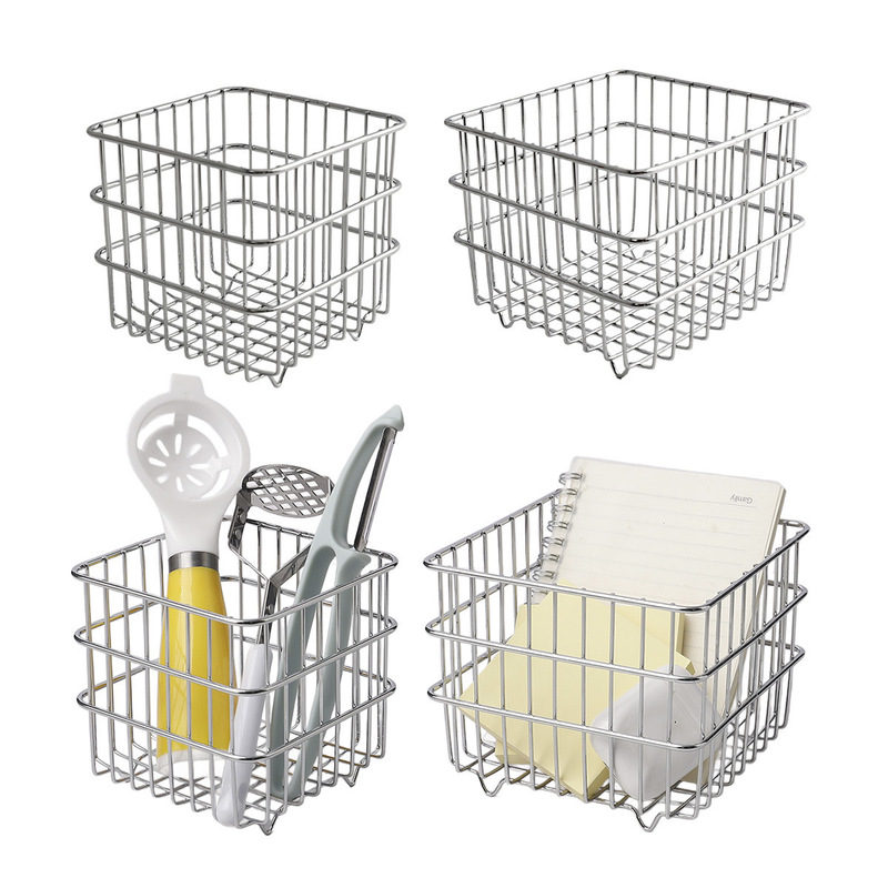 Wholesale in-stock kitchen drainable square storage rack, cosmetic organizer, desktop iron storage basket, miscellaneous basket Wholesale in-stock kitchen drainable square storage rack, cosmetic organizer, desktop iron storage basket, miscellaneous basket