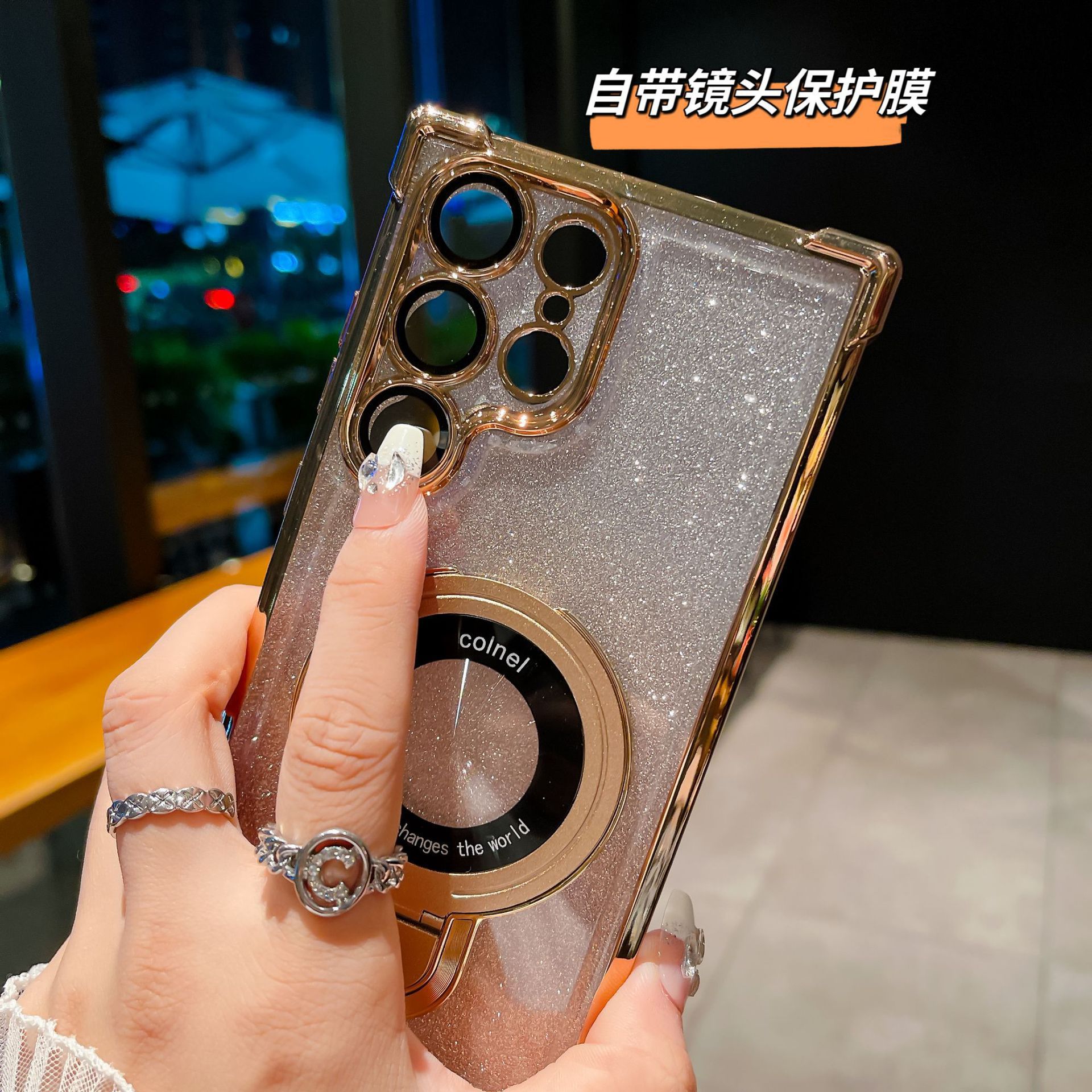 Funda con soporte para Samsung S25 Ultra, con protección anticaída de airbag en las cuatro esquinas y acabado galvanizado, película protectora para lente S26 FE, S24 Plus.
