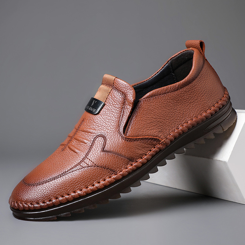 Zapatos casuales de cuero de vaca de primera capa para hombre, zapatos de cuero genuino con suela suave y superficie suave para hombre, zapatos transpirables para papá.
