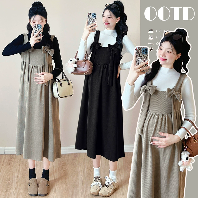 Реальный снимок осень-зима новое французское платье сладкое бантик для беременных костюм свободный большой размер тонкая юбка