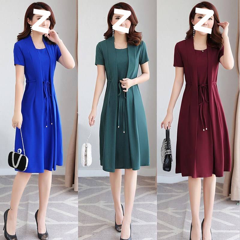 Spring and Summer Short-sleeved Large Size Mid-length Dress Women's Fake Two-piece Wide-sleeved Mother's Wear Slim Slim-fit Dress
