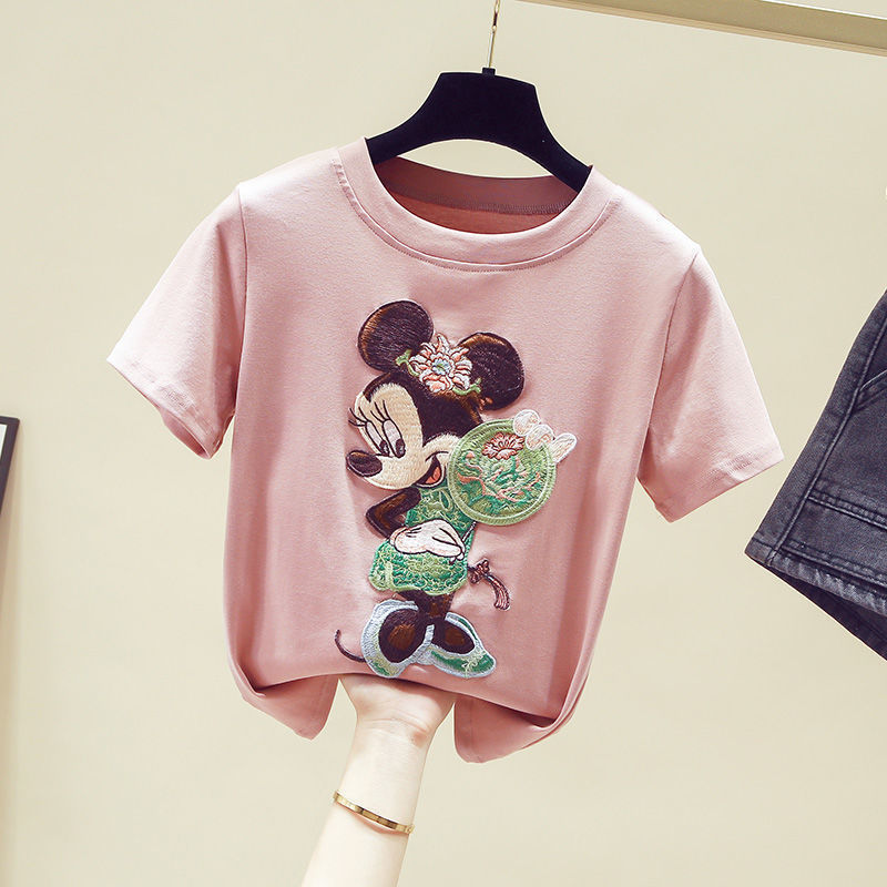 Pure Cotton Heavy Embroidery 2024 Summer New Short Niche Chic Top Half-Sleeve Women's Trendy Bestie Short-Sleeve T-Shirt