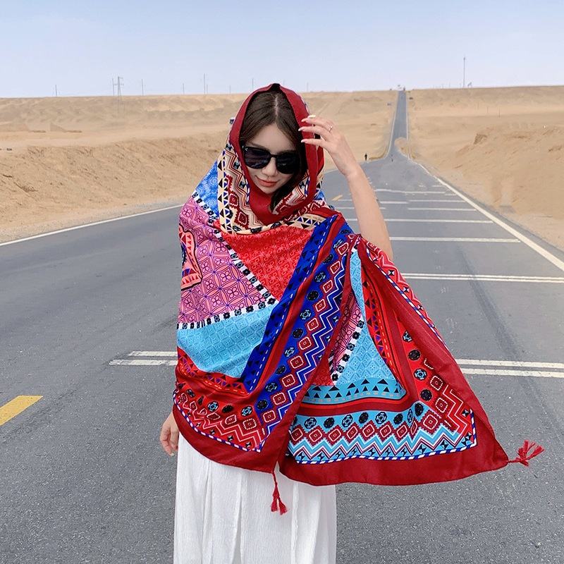 Estilo étnico geométrico borla desierto largo gran chal moda desgaste exterior protector solar bufanda viajes fotografía bufanda decorativa