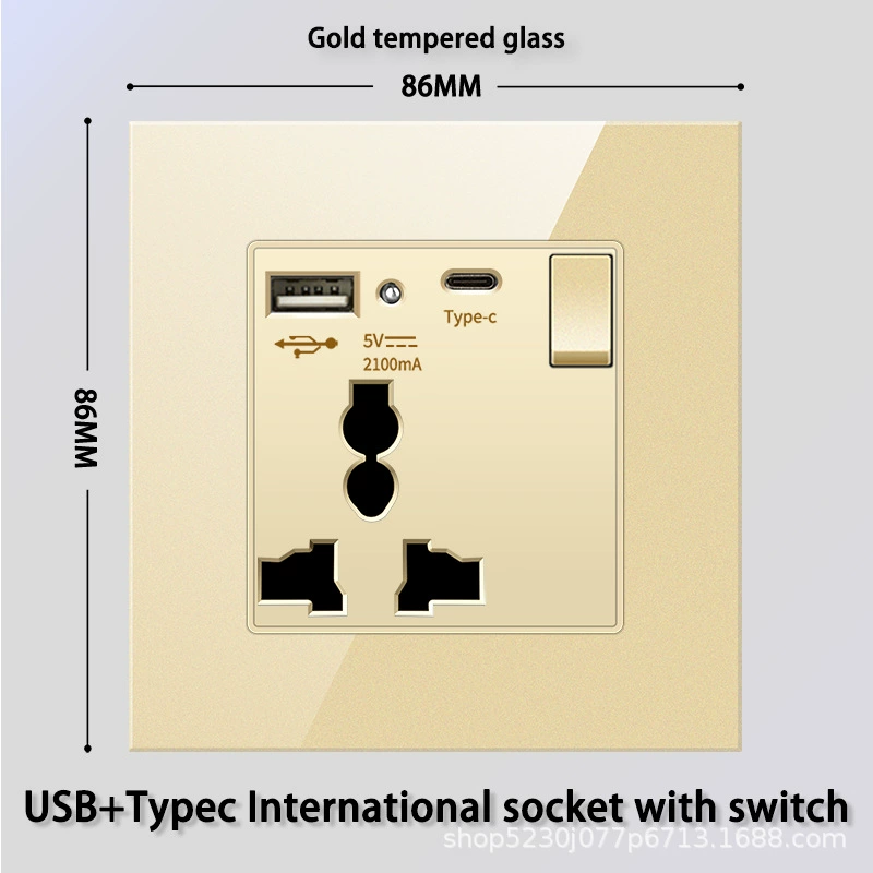Золотое закаленное стекло в стиле Гонконг и Макао 13A с USB-вилкой электрический выключатель панель пористая Type-C