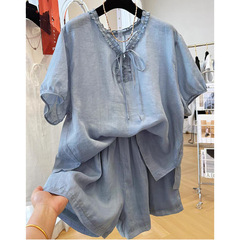 見た目も美しい夏服、韓国風ツーピースセット、女性用ピュアでリラックスしたラミースーツ、夏用薄手