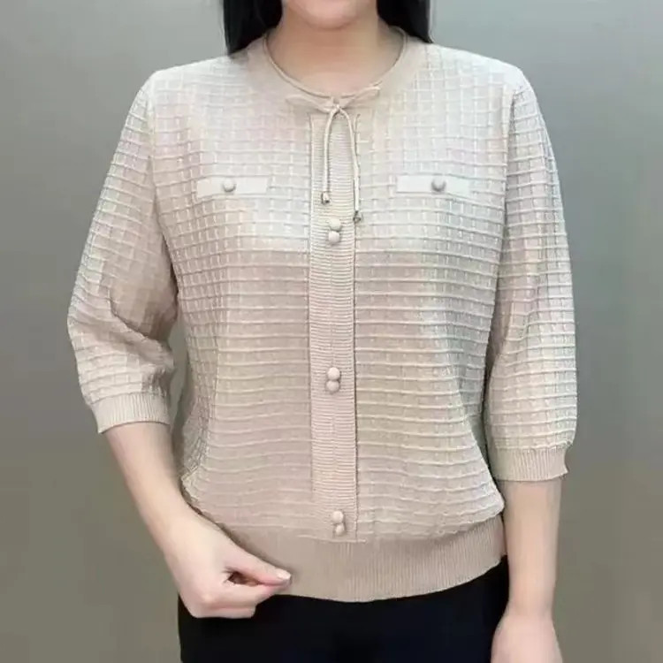 2025新款时尚纯色百搭七分袖毛针织衫夏季时尚休闲显瘦宽松上衣女|undefined
