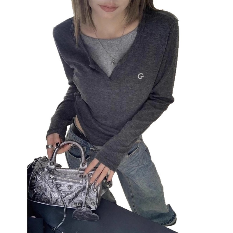 设计感小众假两件字母刺绣长袖t恤女秋冬新款修身内搭打底衫上衣|undefined