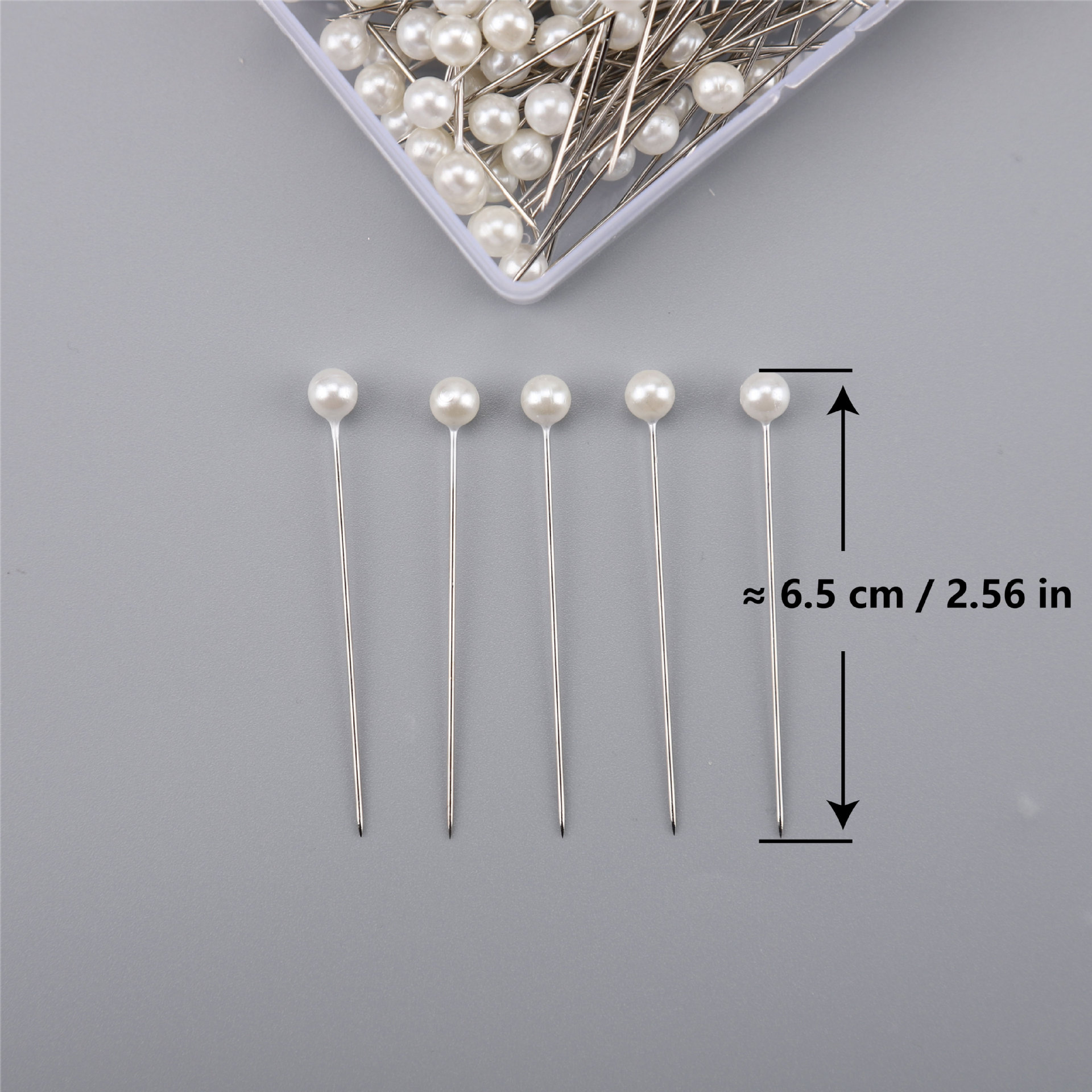 6*65 mm100 accesorios en caja, aguja decorativa fija, aguja perlada brillante, aguja perlada blanca