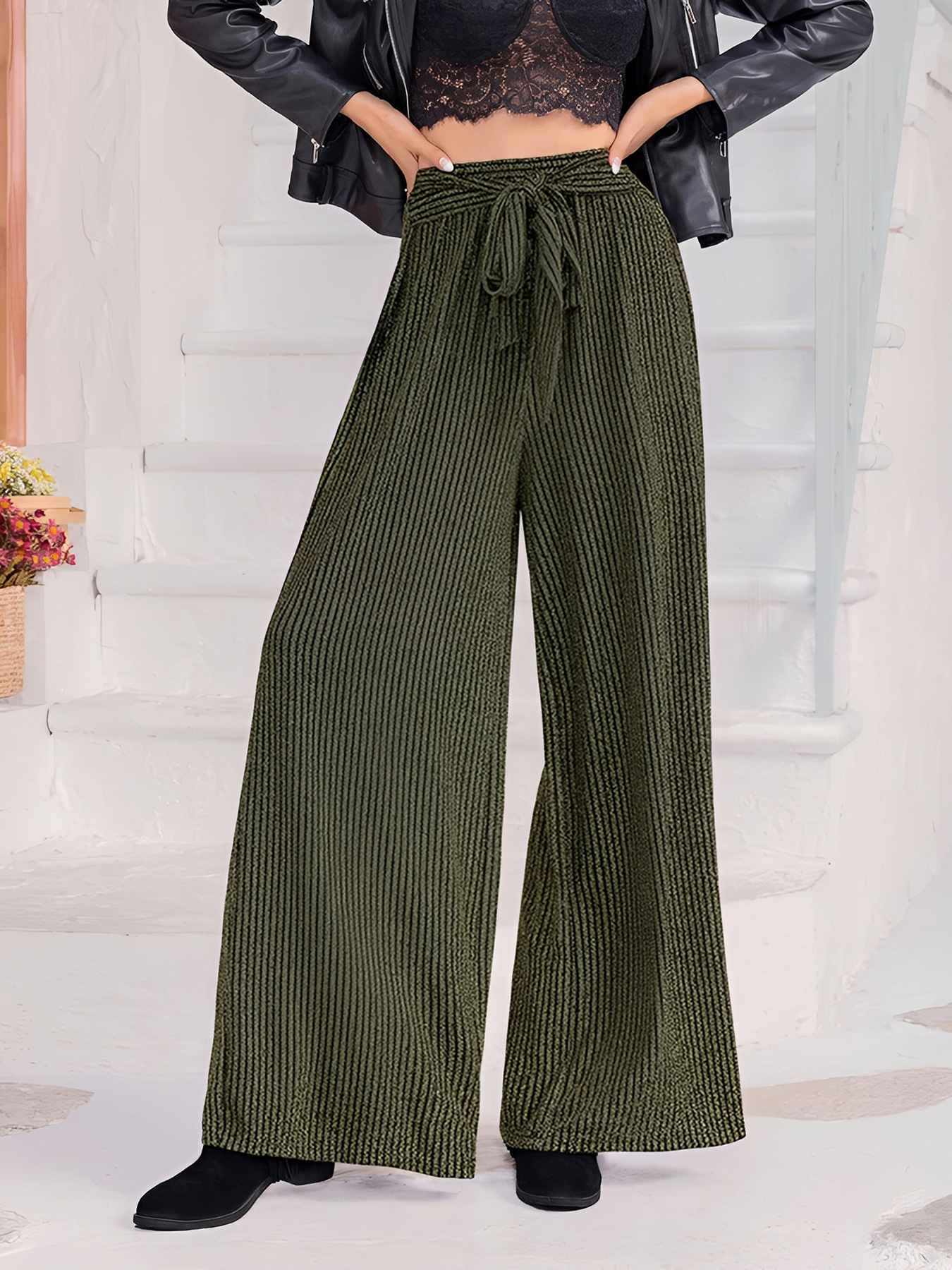 Women's Casual Trousers In Military Green, Relaxed Fit Pull-On Pants With Stylish Asymmetrical Detail_ecoleips.com