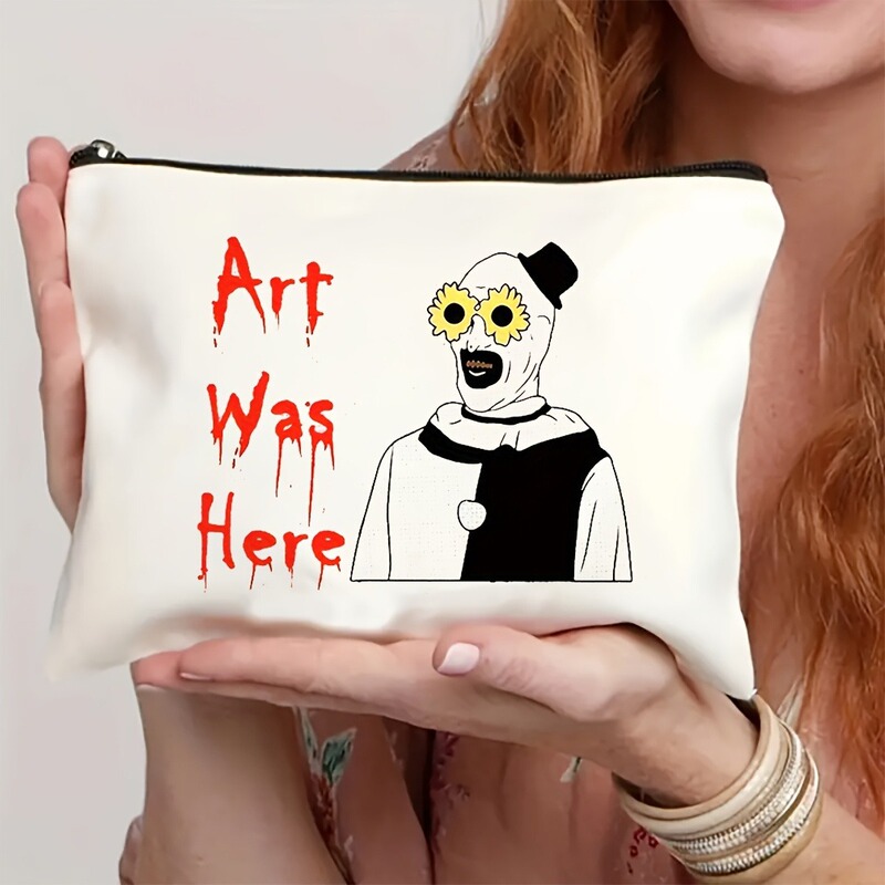 1 Horror Movie-Inspired Clown Makeup Bag with Zipper - "Art Is Here" Design, Multi-Functional 1 Horror Movie-Inspired Clown Makeup Bag with Zipper - "Art Is Here" Design, Multi-Functional