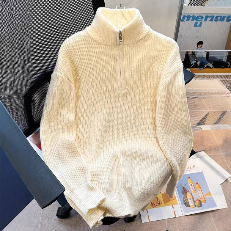 Trendy Brand Sweater Men's Half-Zipper Loose All-Match Sweater Casual Simple Trendy Half-High Collar Sweater Top for Outer Wear