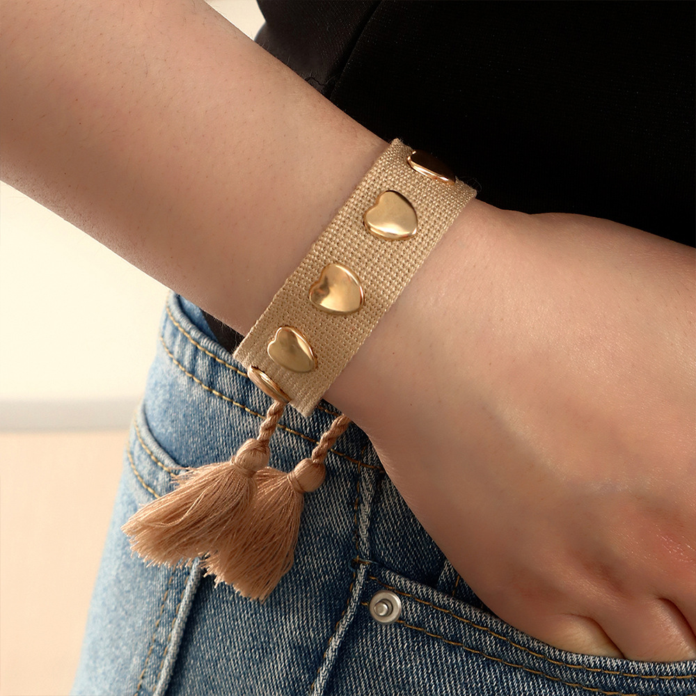 Fashion Simple Solid Color Woven Ribbon Heart-shaped Metal Bracelet display picture 1