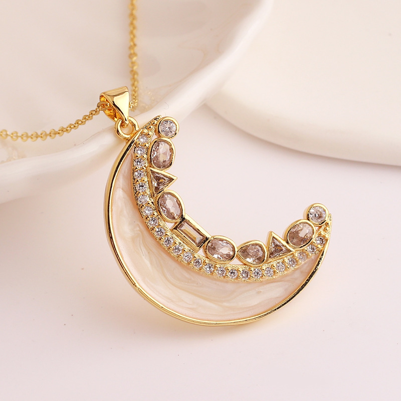 Fashion Moon Rose Flower Copper Enamel Plating Inlay Artificial Pearls Zircon Pendant Necklace 1 Pie