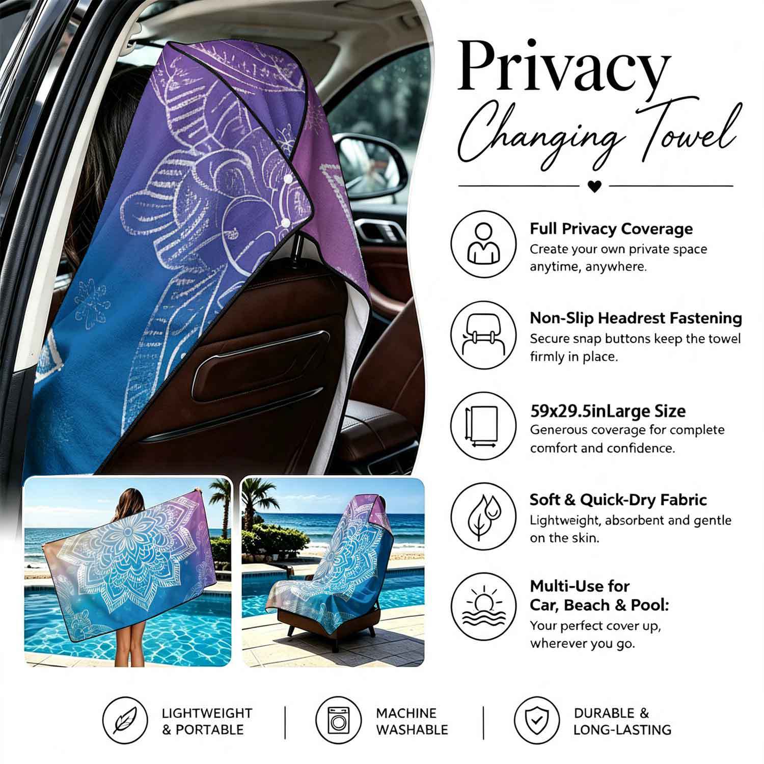 Printed bath towel and car seat cover 2-in-1, ultra-fine fiber outdoor beach and car dual-use universal seat cushion
