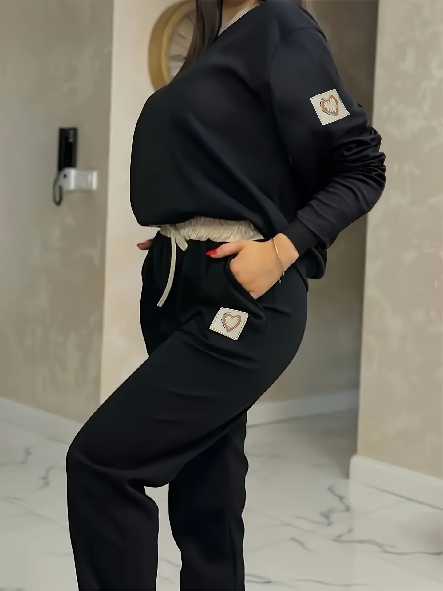 Women's European American Style Color Block Two Piece Set Long Sleeve Top with Heart Logo Drawstring Trousers Autumn Winter_ecoleips.com