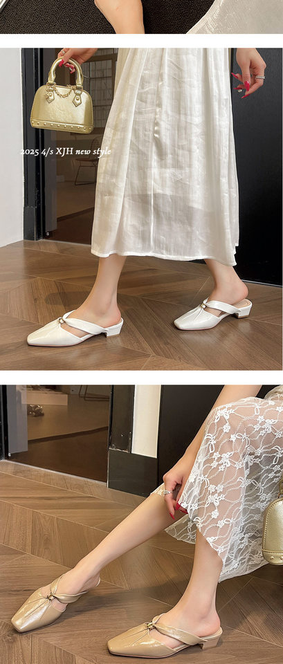 Dép sandal nữ bít mũi mũi vuông gót thô, họa tiết vân cừu nhún, quai hậu đi ngoài — Màu bạc, Màu kaki, Màu trắng be chi tiết 10