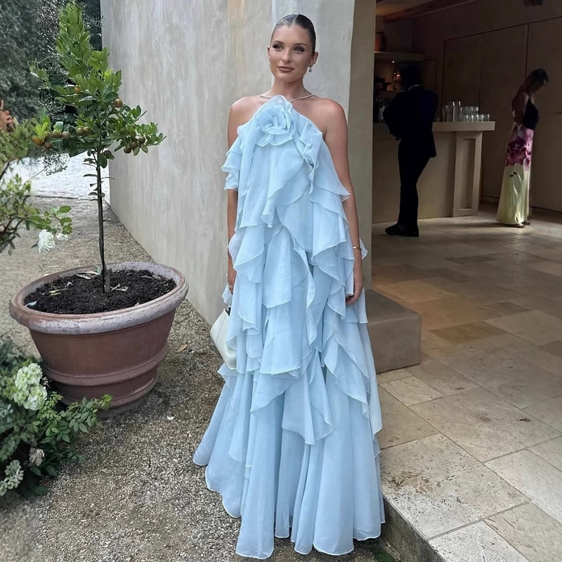 2026 Summer Vacation Style Halter Neck Three-Dimensional Floral Strap Dress for Petite Figures, Beach Vacation Dress, Vacation Style