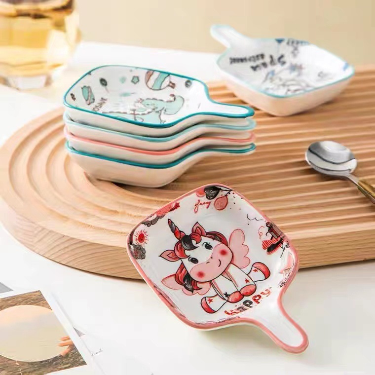 創意手繪萌系卡通味碟 家用可愛陶瓷蘸料碟手柄調味碟小吃碟批發
