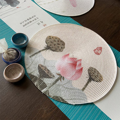 Chinese-style creative placemat with traditional Chinese prints, waterproof and oil-proof, round, handmade woven, heat-insulating, dining mat, tableware mat