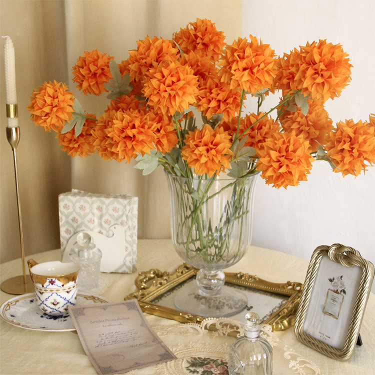 複古3頭菊花 假花 乒乓菊 蒲公英仿真花花束婚禮婚慶裝飾