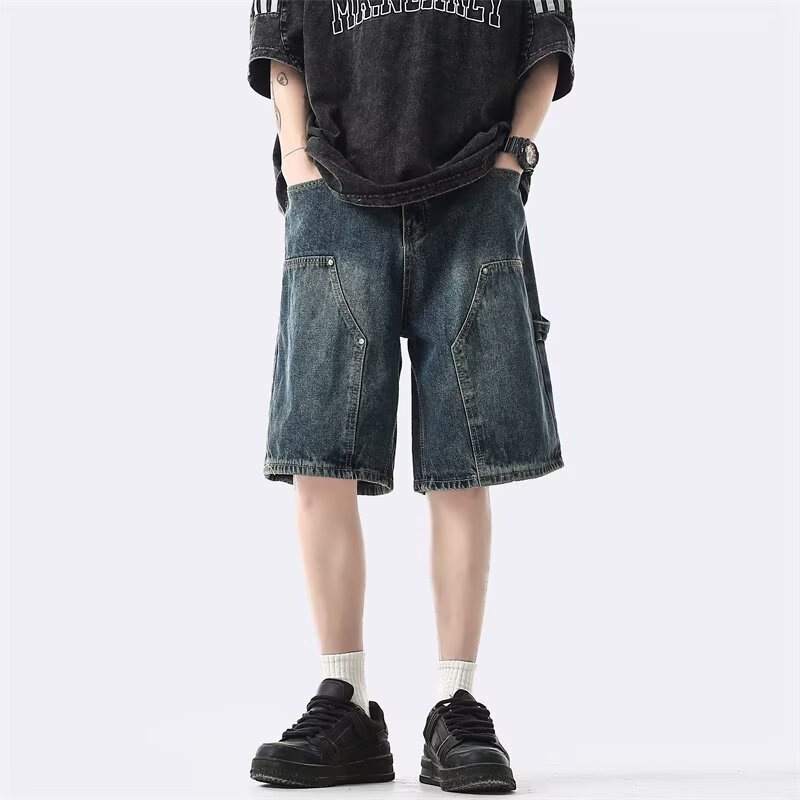 American Retro Washed Workwear Denim Shorts Men's Summer Thin Loose Straight Five-Point Pants Trendy Casual Pants