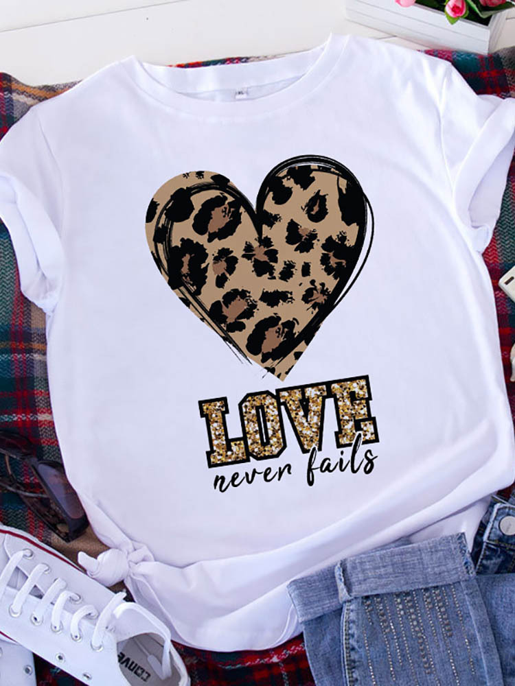 T-shirt Tops Type Holiday, Street Occasion Round Neck Neckline Wholesale Women'S Casual Letter Heart Shape Leopard Short Sleeve T-Shirts