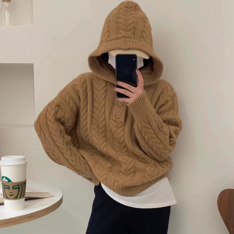 Корейская свободная толстая вязаная свитера женская нежная осень и зима с капюшоном