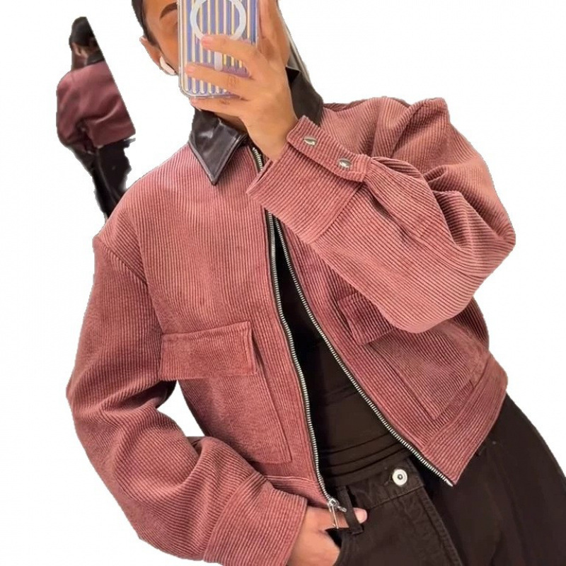Chaqueta Corta Estilo Retro con Solapa de Poliéster con Cremallera para Ocio