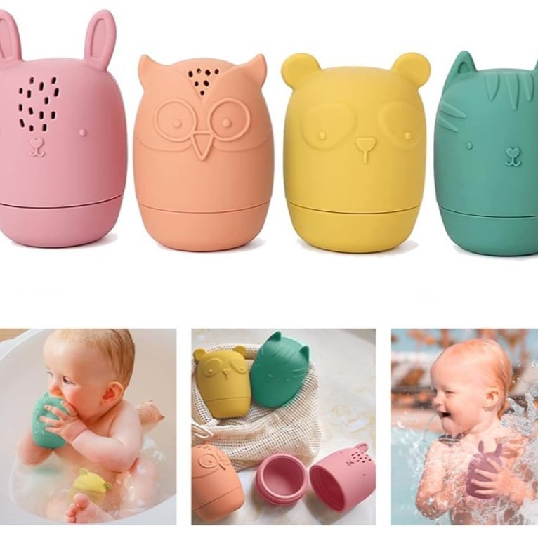 Horno de microondas lavavajillas disponible bebé baño Baño grado alimenticio silicona juguete animal de cuatro piezas conjunto