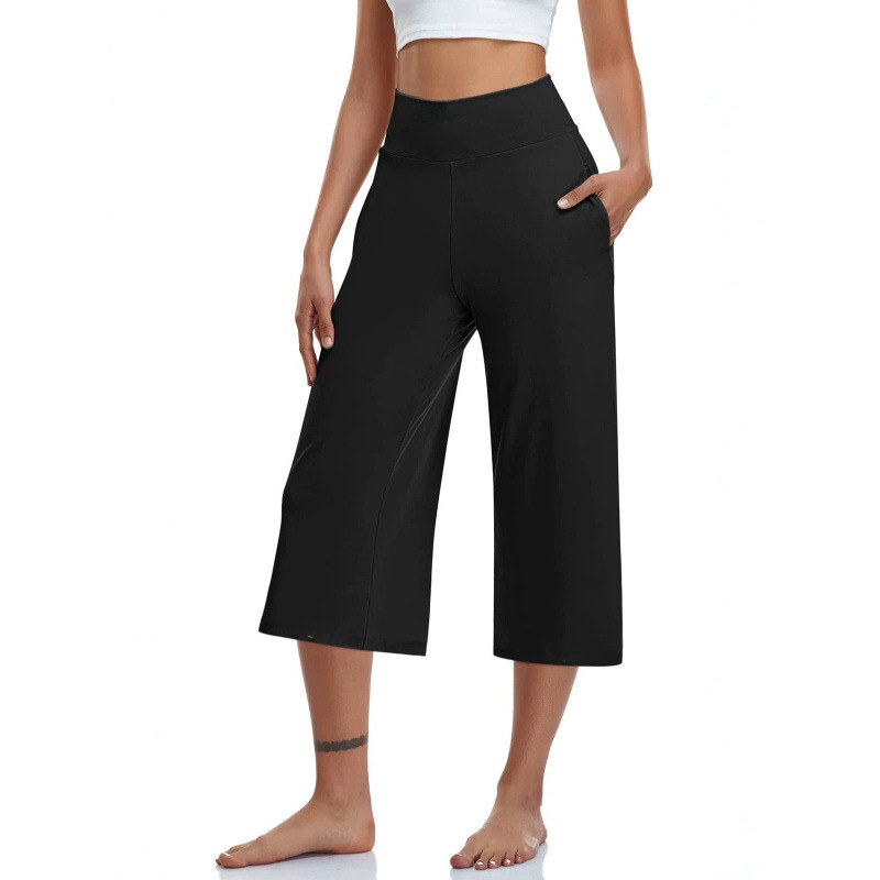 Cross-Border European and American High-Waisted Wide-Leg Yoga Capri Pants for Women with Pockets, Loose-Fitting Sports Pants, Casual Fitness Straight-Leg Pants