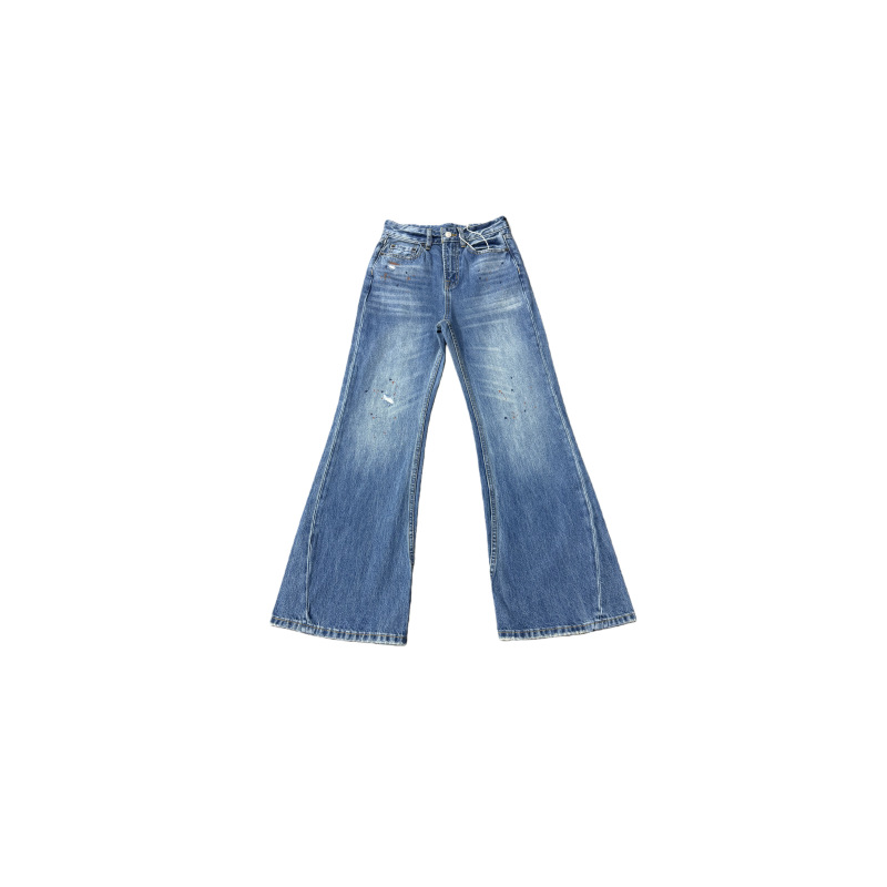 AC High-waisted Women's Jeans With Splatter-paint Graffiti, Blue Flared Pants, European And American Style, Versatile_voghion.com
