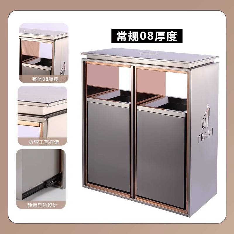 Basura comercial personalizada puede caja de fruta de acero inoxidable muñeca de la gente Hotel vestíbulo piso diapositiva ascensor bote de basura para no fumadores