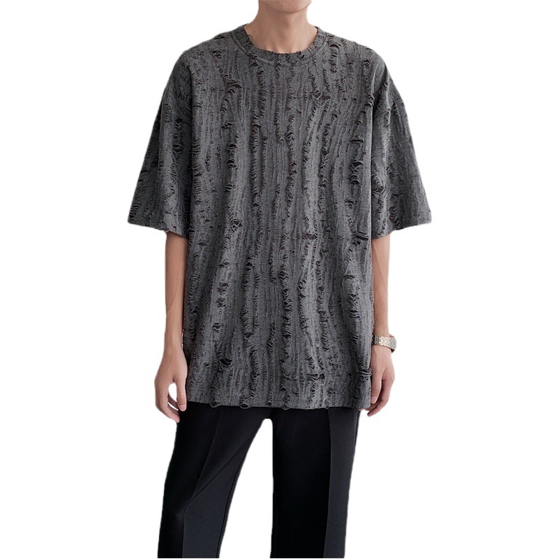 Camiseta de manga corta rasgada superior de verano de los hombres marca de moda coreana ins casual todo partido de seda de hielo cuello redondo Camiseta de media manga