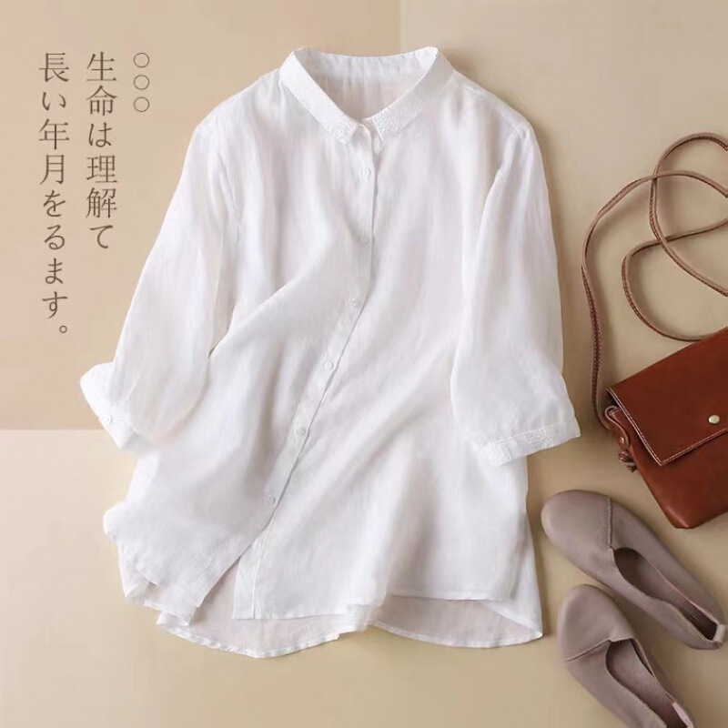 Spring and Autumn Elegant Commuter Baita Short-sleeved Shirt Collar Embroidered Design Loose Lightweight Hong Kong Flavor Cotton and Linen Top for Women Spring and Autumn Elegant Commuter Baita Short-sleeved Shirt Collar Embroidered Design Loose Lightweight Hong Kong Flavor Cotton and Linen Top for Women
