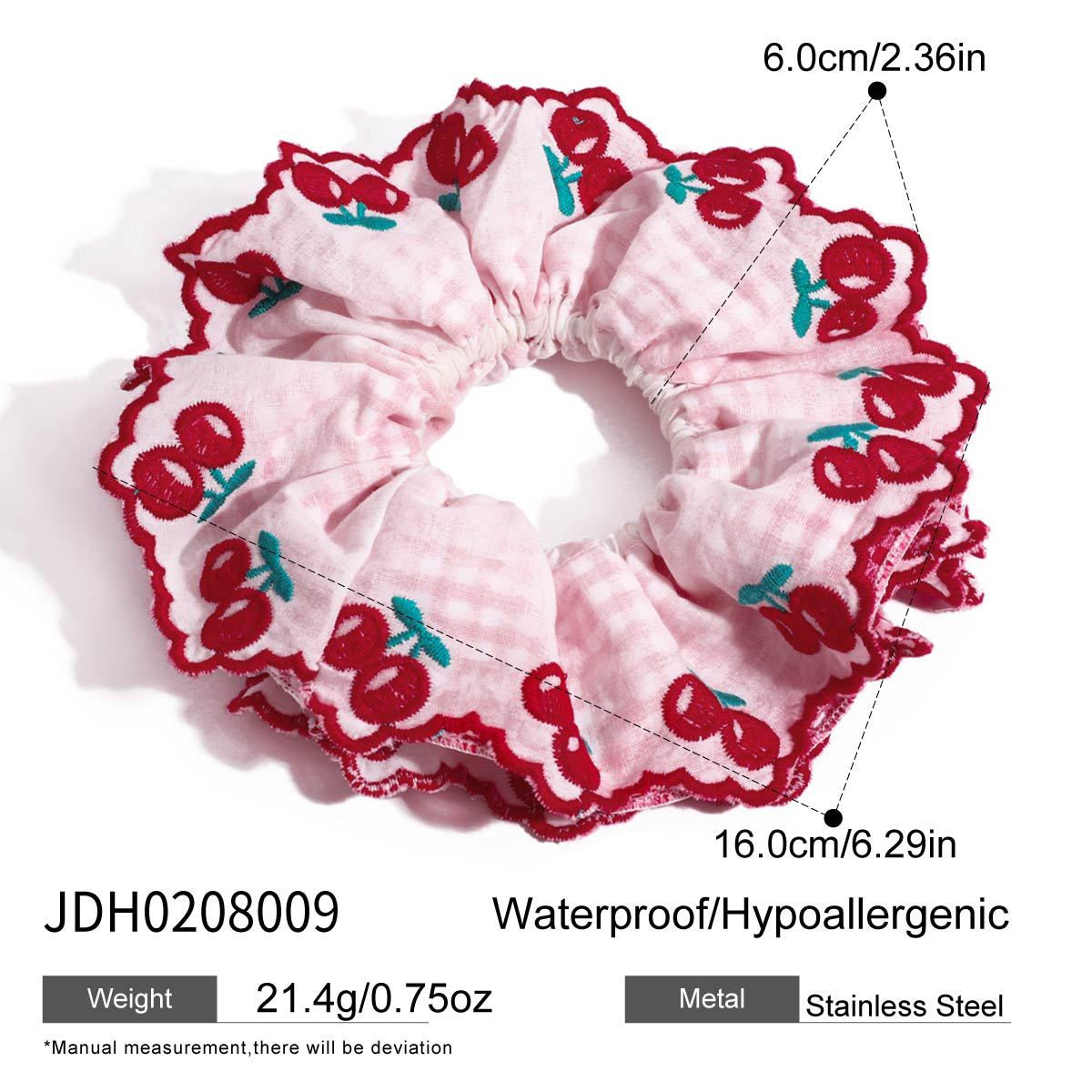 Elegant en schattig rood kersenrood geruit scrunchie met ruches voor dames, een luxe haaraccessoire met grensoverschrijdende invloeden._voghion.com