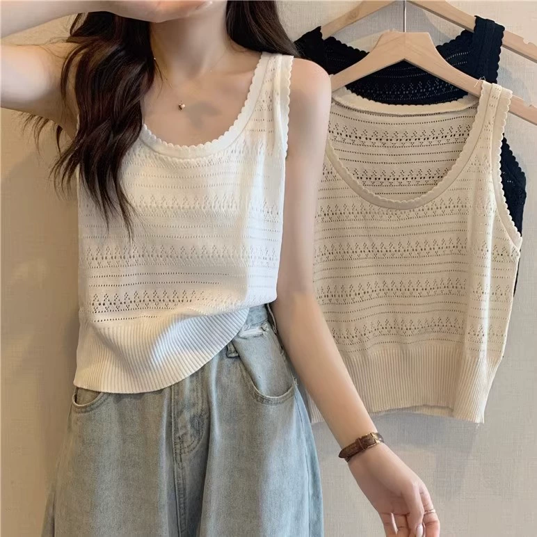 Французский U-образный воротник с ажурным трикотажным белым подтяжкой тонкая наружная рубашка летнее дизайнерское чувство ледяной шелковый вязаный жилет