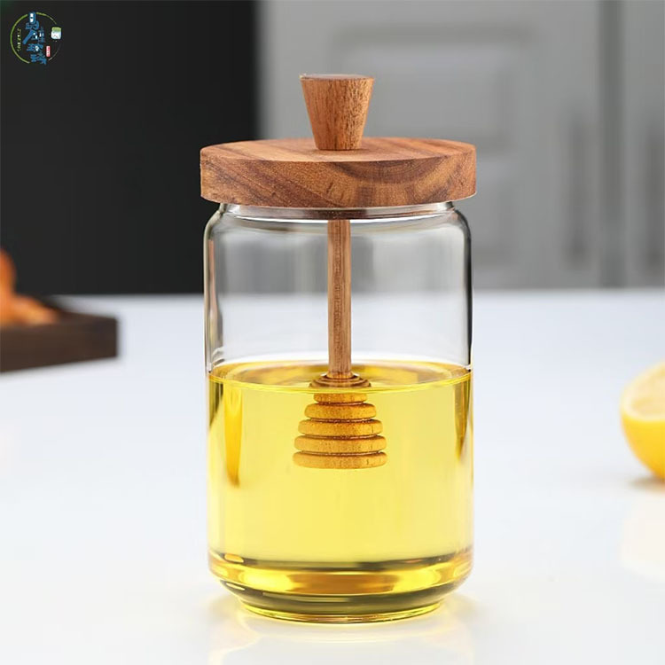 Tanque de almacenamiento de madera de acacia, tanque de miel, barra de mezcla transparente con tapa de borosilicato, tanque de vidrio sellado de almacenamiento de cocina