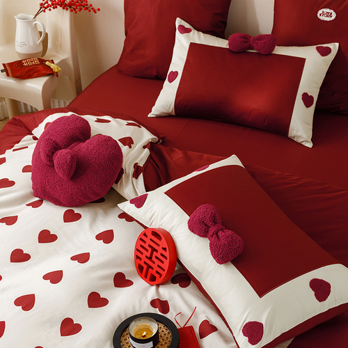 少女心红色100支长绒棉四件套韩式爱心印花被套结婚床上用品