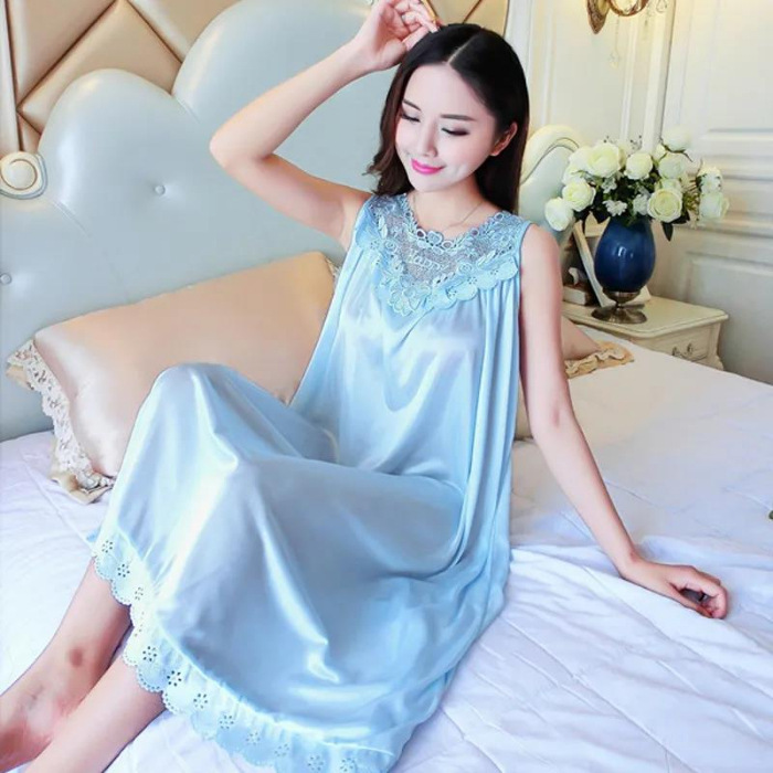 2023 camisón de seda de hielo de verano de las mujeres de encaje sedoso delgado de mediana edad sexy suave cómodo pijamas de las mujeres homewear