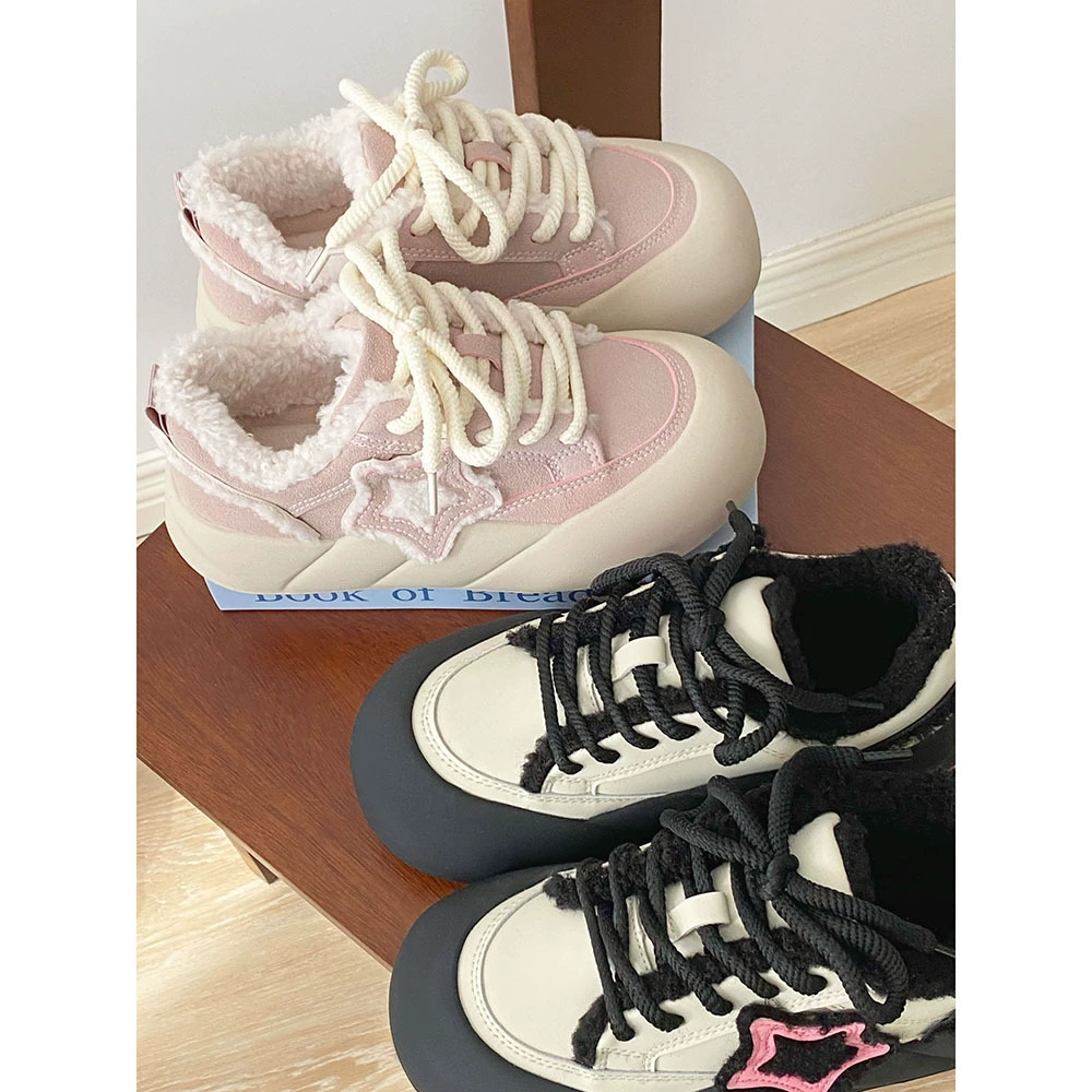 Уродливые милые хлебные туфли с большой головой и звездой, женские туфли для скейтбординга на толстой подошве, зимние студенты, 2023 новая пушистая Повседневная хлопковая обувь на флисовой подкладке