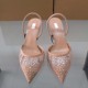 2024 Summer New Women's Shoes Water Diamond Bright Mesh High Heels Slim Heels Elegant and Elegant Style Open Heel Pointed Sandals