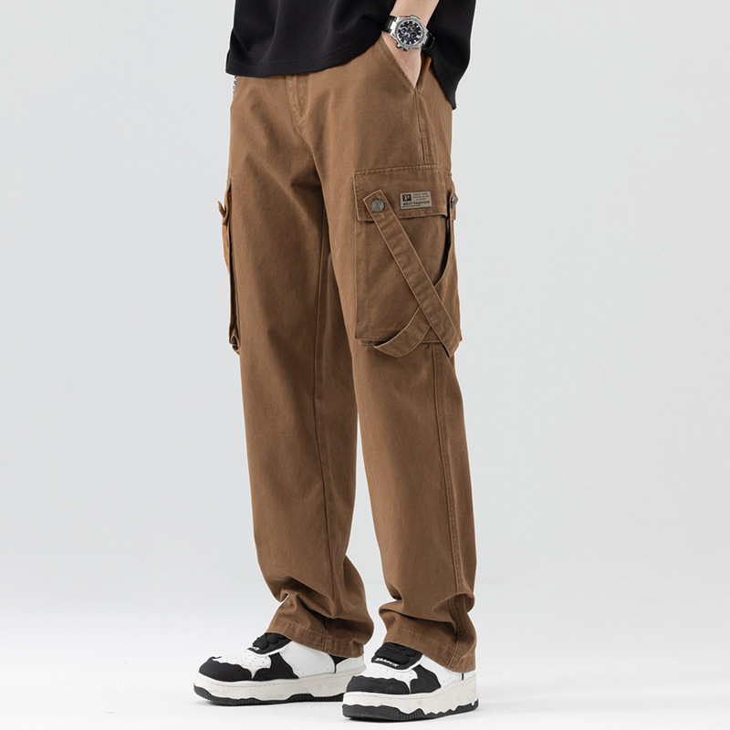 Trendy Brand Multi-Pocket Casual Cargo Pants for Men, Korean Style Fashion Wide-Leg Casual Pants, Retro Straight-Leg Long Pants