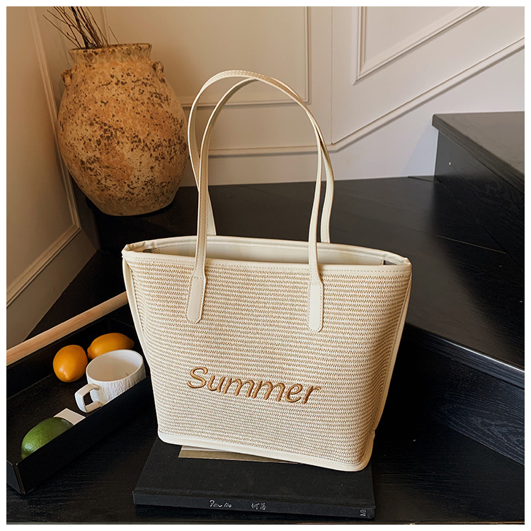 Straw woven letter large-capacity bag 2025 single-shoulder large bag for women, new beach woven summer Korean-style tote bag undefined