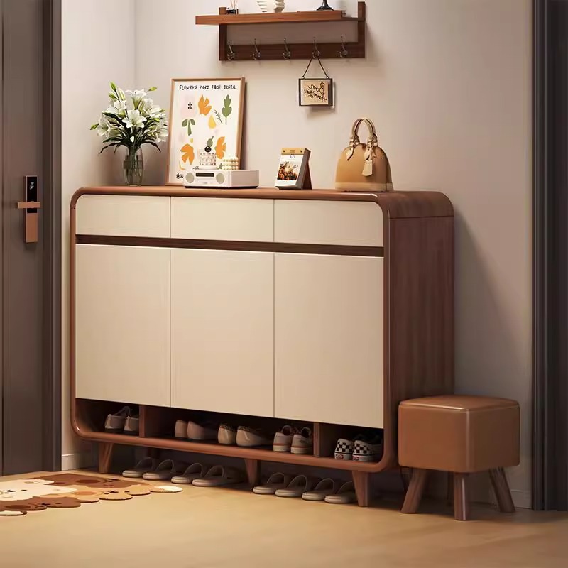 Solid Wood Rounded Corner Shoe Cabinet for Home Entrance, New Chinese-Style Storage Cabinet, Integrated Wall-Mounted New Corridor Shoe Rack