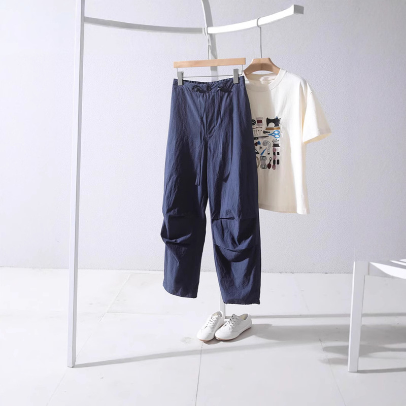 Lightweight and Breathable Linen Cotton Pleated Vertical Cut Drawstring Pants with Elastic Back High Waist Work Pants for Women Dropshipping