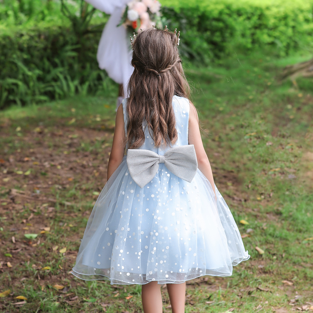 跨境中小童公主裙女童波点婚纱裙蝴蝶结蓬蓬裙生日派对花童礼服裙