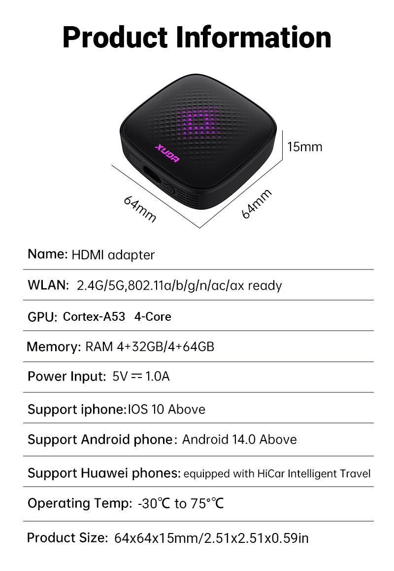 Xuda Car 5-in-1 Apple Carplay Adapter Wired to Wireless HDMI Output Car-Machine Interconnection Box