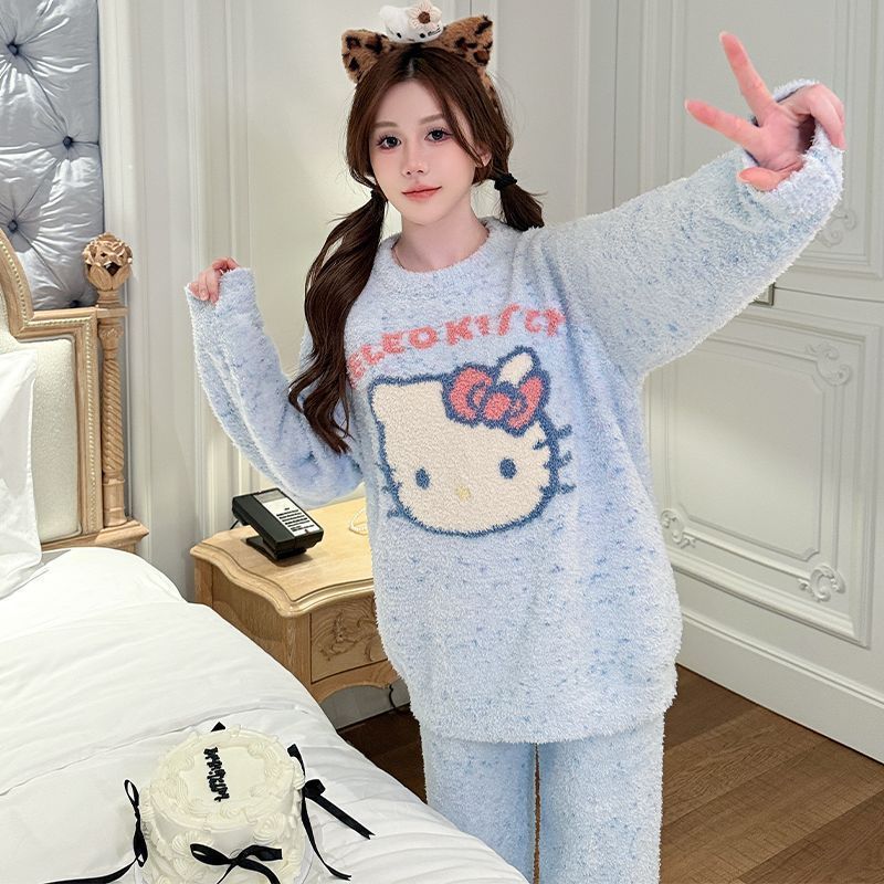 Al por mayor transfronterizo colorido mitad de lana azul KT pijama gato niña gruesa pantalones de manga larga suave conjunto de ropa para el hogar