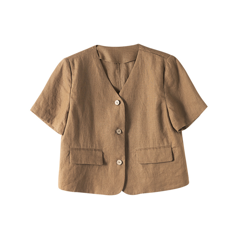 Bộ suit linen nữ áo vest ngắn tay kết hợp chân váy cao eo — Áo gi lê - 65427 kaki